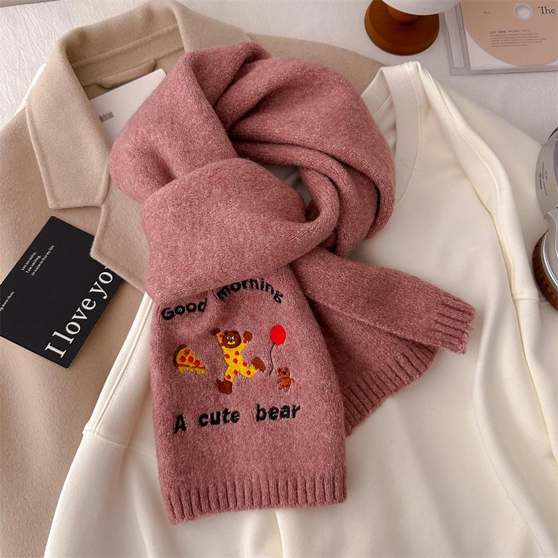 Bufanda de lana tejida bordada con oso para mujer, invierno, nueva, de alta gama, cálida, engrosada, color marrón puro