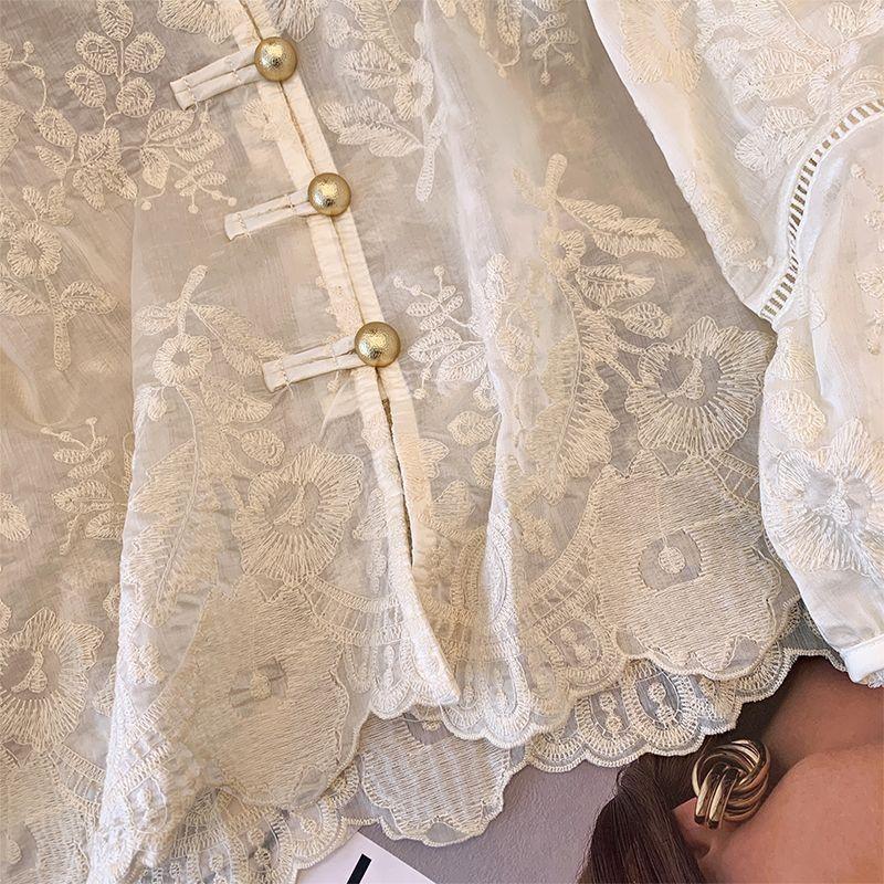 Flower Embroidery Chic Lace Splicing Tangsuit Button Shirts Women Jackets Chinese Cheongsam Hanfu Vintage Thin Coats Summer