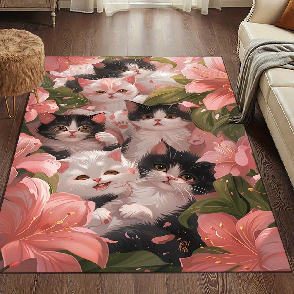Large Cat-Themed Non-Slip Area Rug - Soft Crystal Velvet, Easy-Care Polyester Carpet with Adorable Kitten & Floral Design for Li