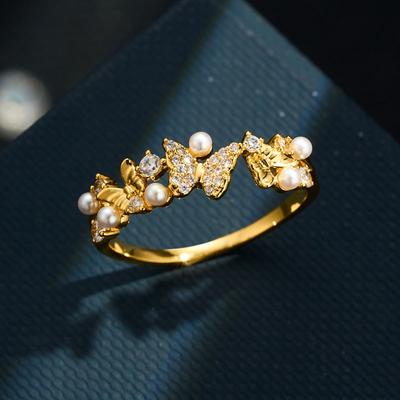 Mori Small Fresh Butterfly Open Ring Fashionable Versatile Micro-inlaid Zircon Imitation Pearl Ring Adjustable Index Finger Ring