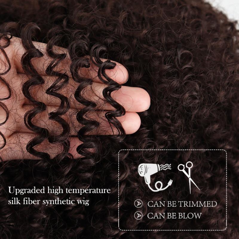 MISS WIG Kurze, lockige, synthetische, hitzebeständige Faser-Perücke, Schwarzbraun, mit Pony, Afro-Farbverlauf, Cosplay-Perücken