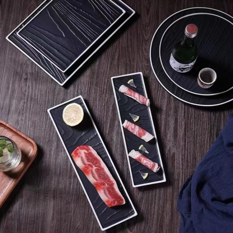 Matte Black Ceramic Wood Grain Plate for Steak, Barbecue, Snacks, and Desserts