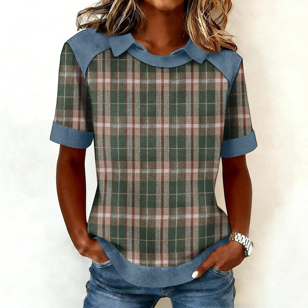 Women's Fashion Collar Cowboy Splicing Sweatshirt Casual Printed Hoodie Short Sleeve Shirt Top