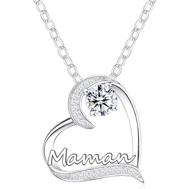 Heart shaped  Mom  carved zircon pendant necklace