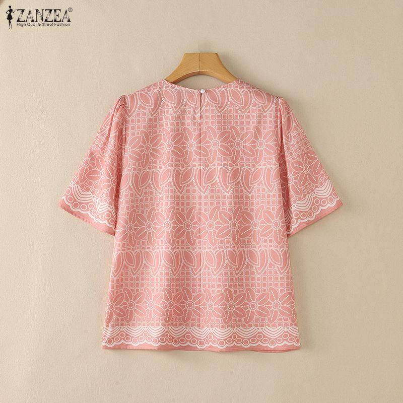 ZANZEA Bluză casual de vară pentru femei, cu imprimeu floral, gât rotund, mâneci scurte