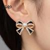 Sophisticated Gift for Her 1 Pair Sparkly Rhinestone Bow Knot Stud Earrings Women, Faux Pearl Lightweight Daily Wear Ribbon Earrings, Statement Cubic