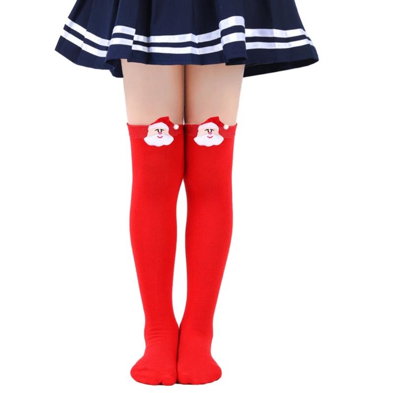 Cartoon Santa Christmas Stockings for 6-10Y Children Over the Knee Socks for Little Girls Unisex Winter Striped Socks