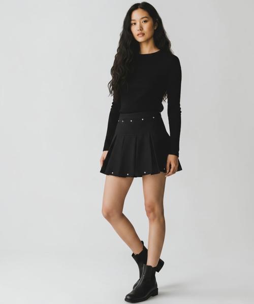 Bonseullipi Crystal Stud Pleated Mini Skirt (Black)