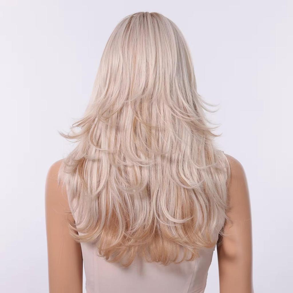 LOUIS FERRE Brown Blonde Ombre Synthetic Wigs for Women Medium Length Wavy Layered Wigs With Side Bangs Daily Party Heat Resistant Fake Hair