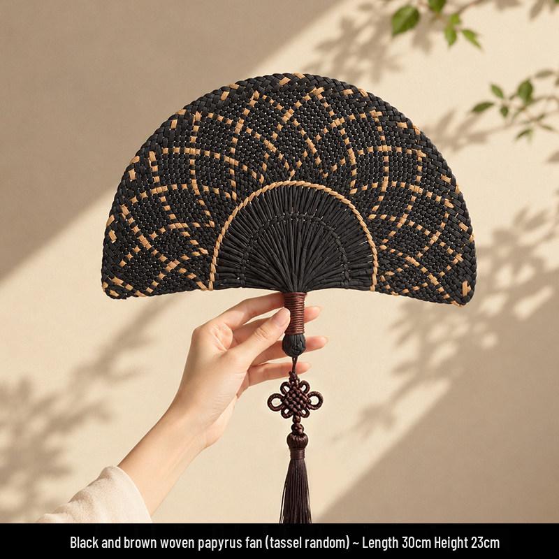 Tai Life Women's Handmade Wabi-sabi Cattail Fan: Artistic Summer Rattan Craft, Chinese Style Intangible Heritage Round Fan