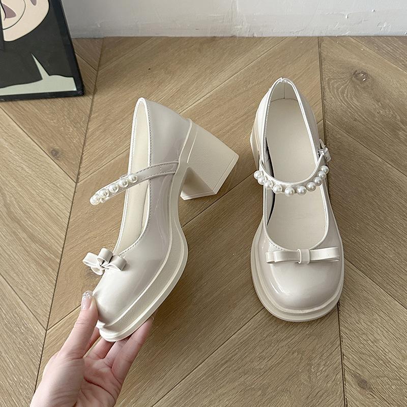 

Жемчужный толстый каблук, милый бантик, туфли-лодочки с открытым верхом, женские летние модные универсальные туфли с ремешком в стиле Мэри Джейн на высоком каблуке 40 бежевый