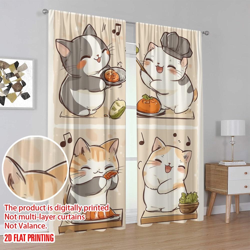 2 Stück, 2D-Flachdruck Minimalistische Vorhänge Fröhlicher Koch Katzen Polyestergewebe (ohne Stange) Heimdeko Ideal für Wohnzimmer &