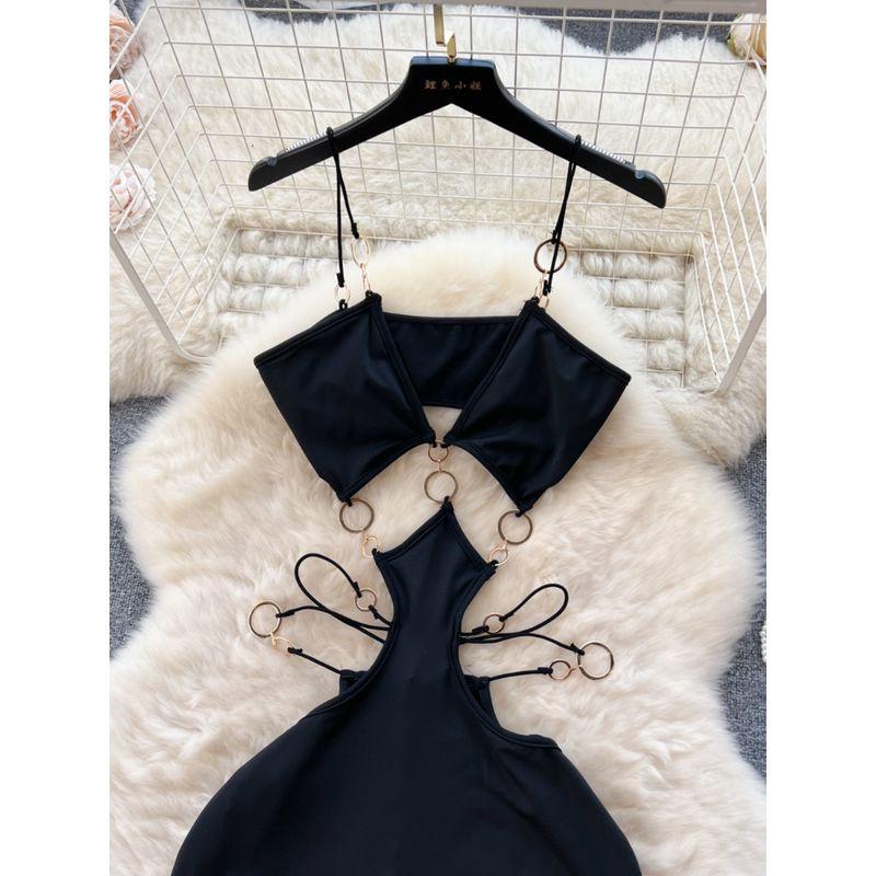 European and American Sexy Ring Low Cut Open Back Sling Dress