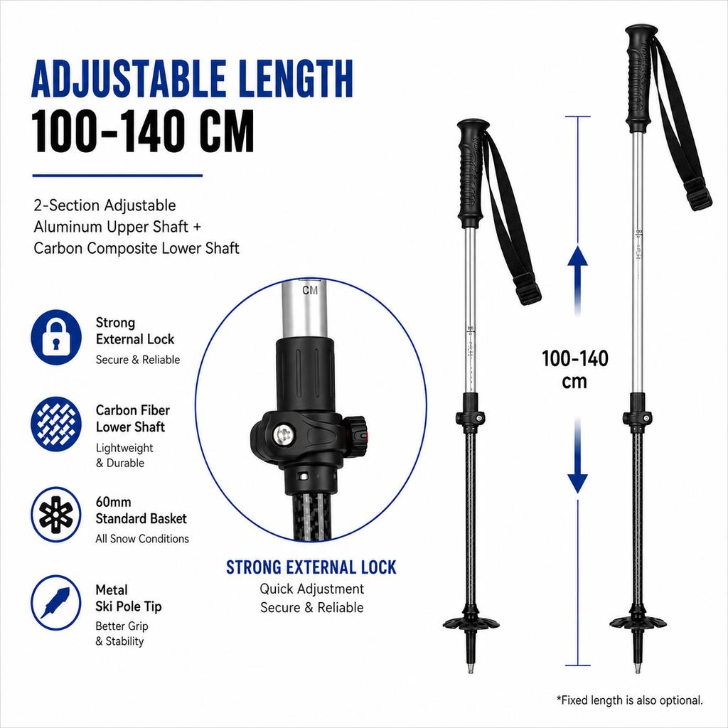 Zeroring Durable Aluminum Carbon Ski Poles Adjustable Resort Rental Snow Poles Manufacturer