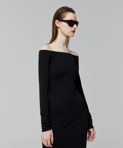 LADY VOLUME Off Shoulder Line Dress_Black