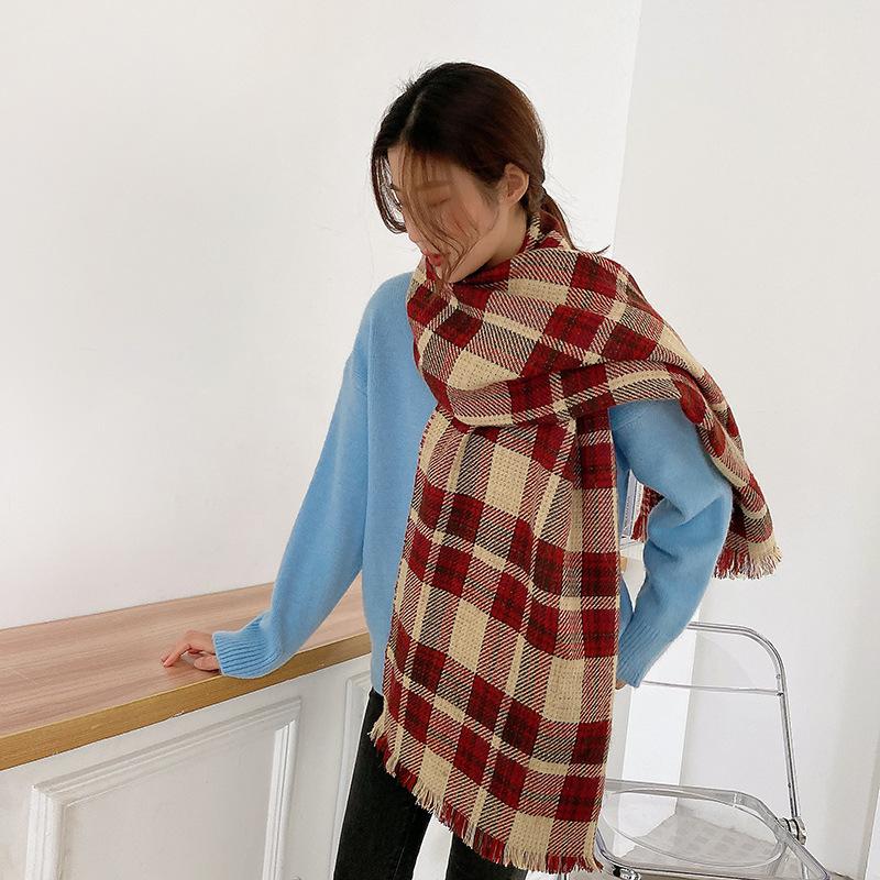 Double-sided plaid scarf women's winter 2025 Christmas imitation cashmere fringed shawl women's warm scarf