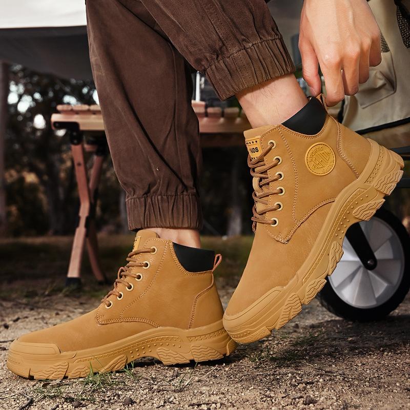 Men's Genuine Leather Autumn Waterproof British Mid-Top Leisure Cargo Boots High-Top Outdoor Shoes Thick Bottom Worker Boots