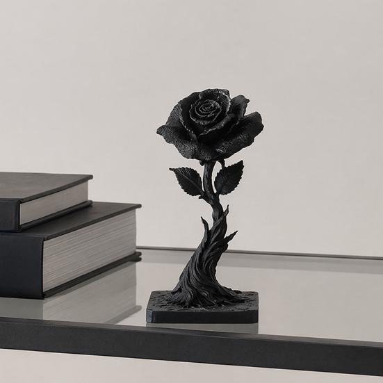 Statua Ornamentale Rosa Nera Stampata in 3D DYS, Statuetta Stile Gotico Oscuro, Fiore Decorativo Artistico con Base a Fiamma, Decorazione Raffinata per Casa Ufficio