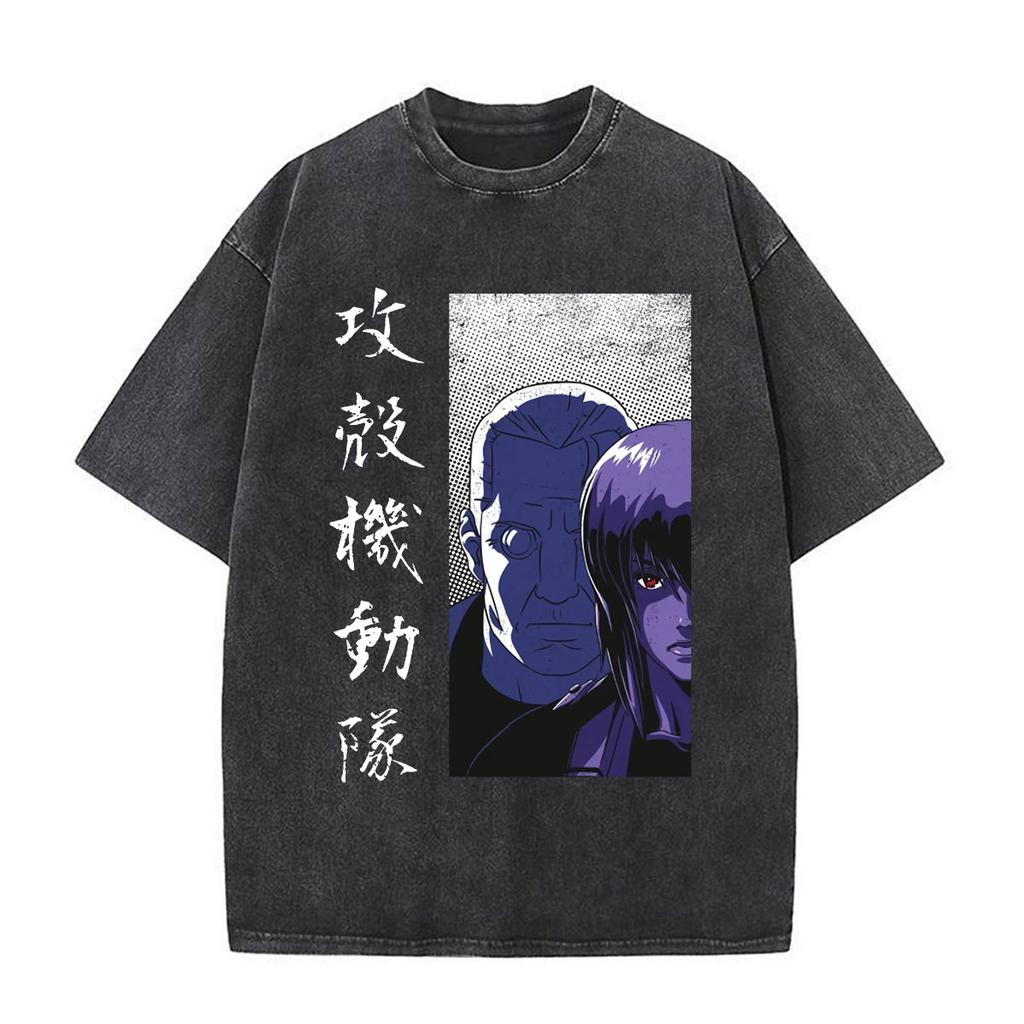 Anime Ghost In The Shell Motoko Kusanagi Vintage Washed T Shirts Men Women Clothing Casual Short Sleeve Oversized Tshirts Tops