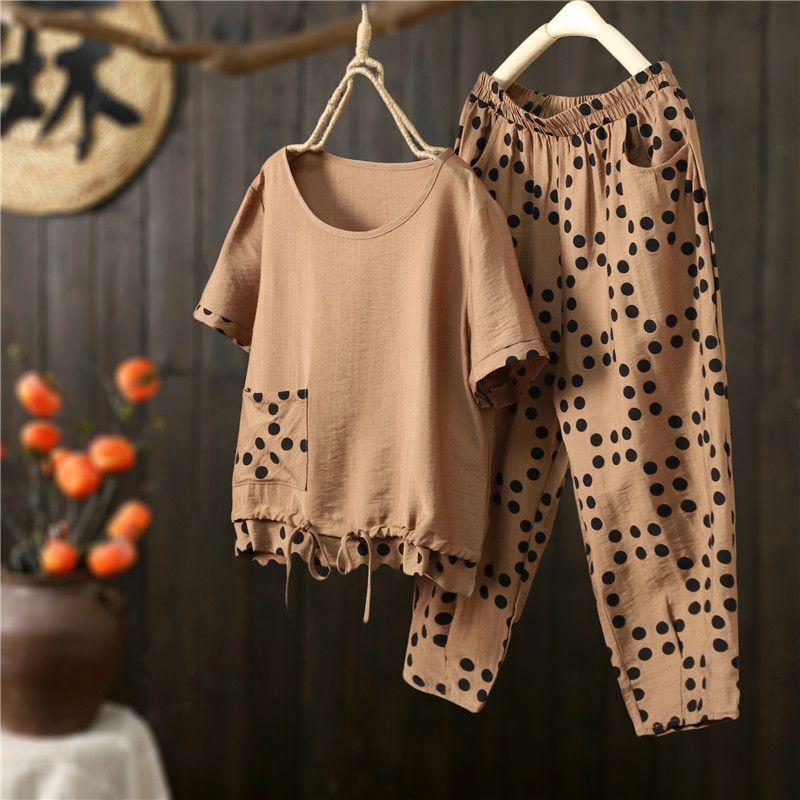 

Женские летние ансамбли с короткими рукавами: Легкие Модные Повседневные Костюмы-Двойки с Укороченными Брюками с Подчеркнутой Талией для Матерей Среднего Возраста XXXXL хаки