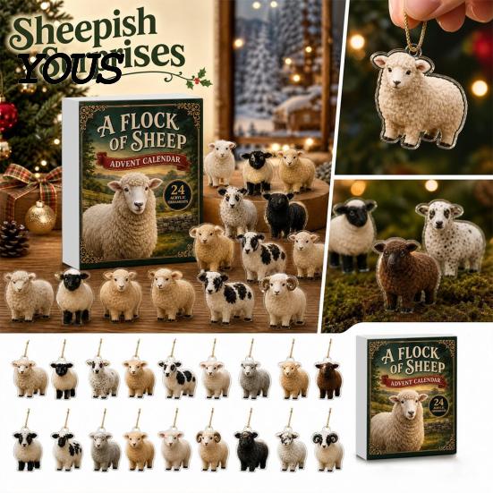 Christmas Tree Hanging Decorations Sheep Advent Calendar, 24Pcs Acrylic 2D Ornament Set with Cute Wall Decor for Holiday Lamb Designs,