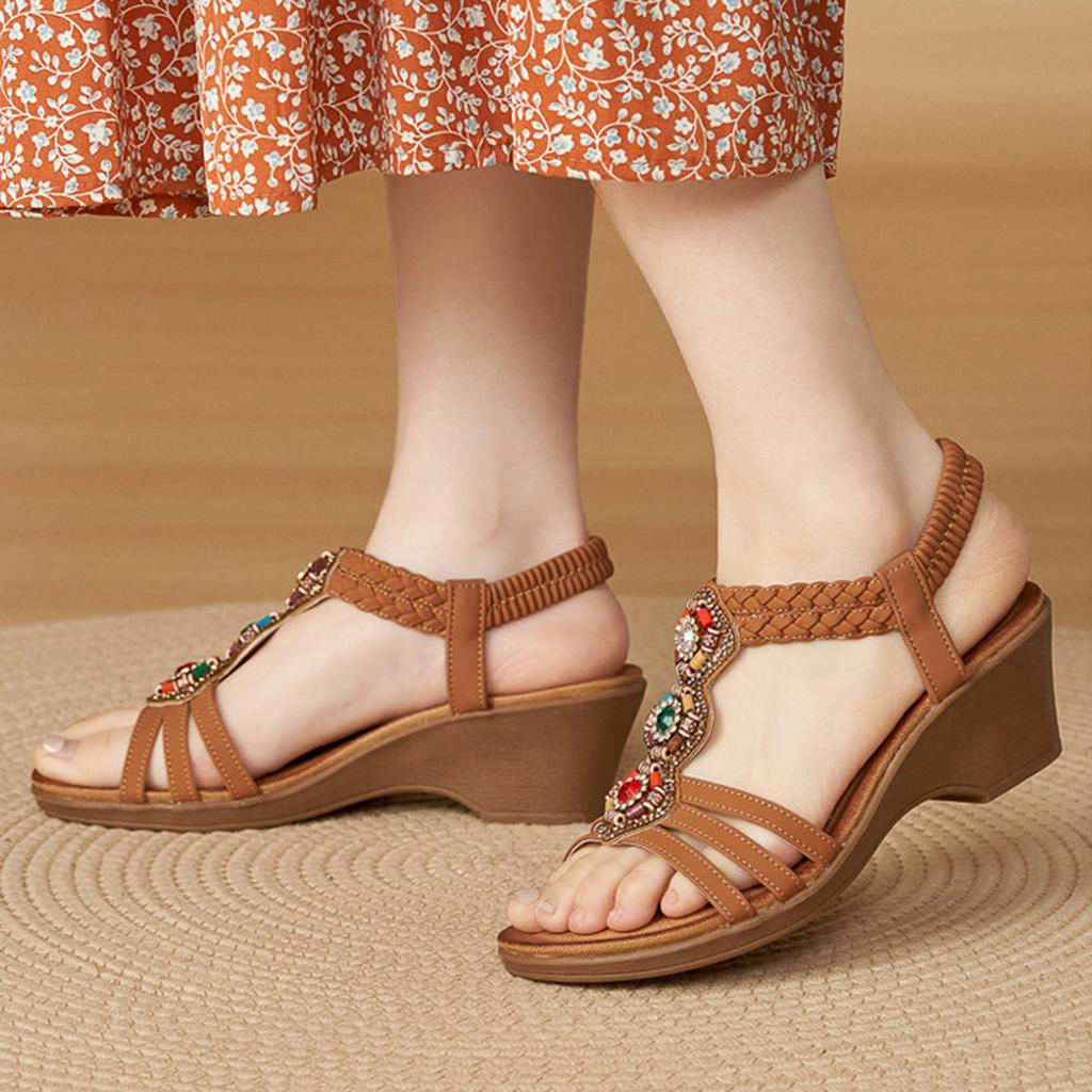 Women'S Boho Wedge Sandals Comfortable Low Heel Wooden Bead Rhinestone Comfortable Wedge Sandal Decorative Shoes For Women