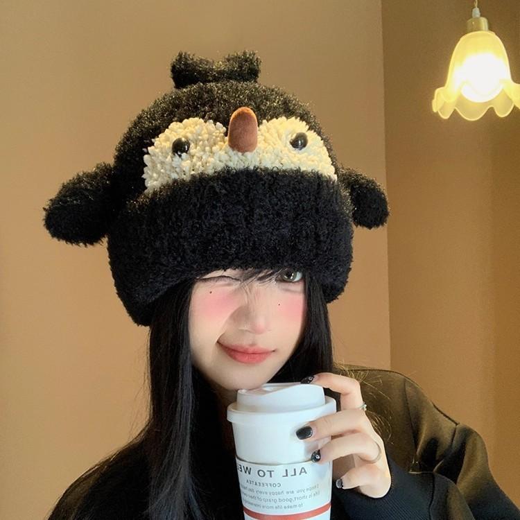 Cute penguin plush knitted hat children's autumn and winter new warm face small ear protector head Lei Feng hat
