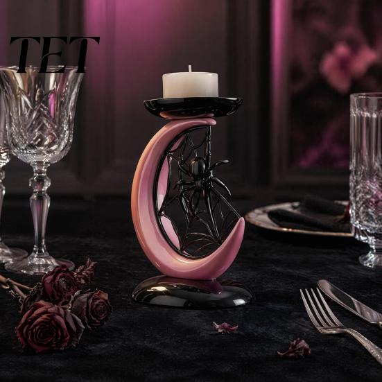 Modern Gothic Home Furnishing Halloween Pink Moon Spider Candle Holder, Sweet Dark Aesthetic Tray for Resin Pillar Base Candles, Tabletop Decor Window