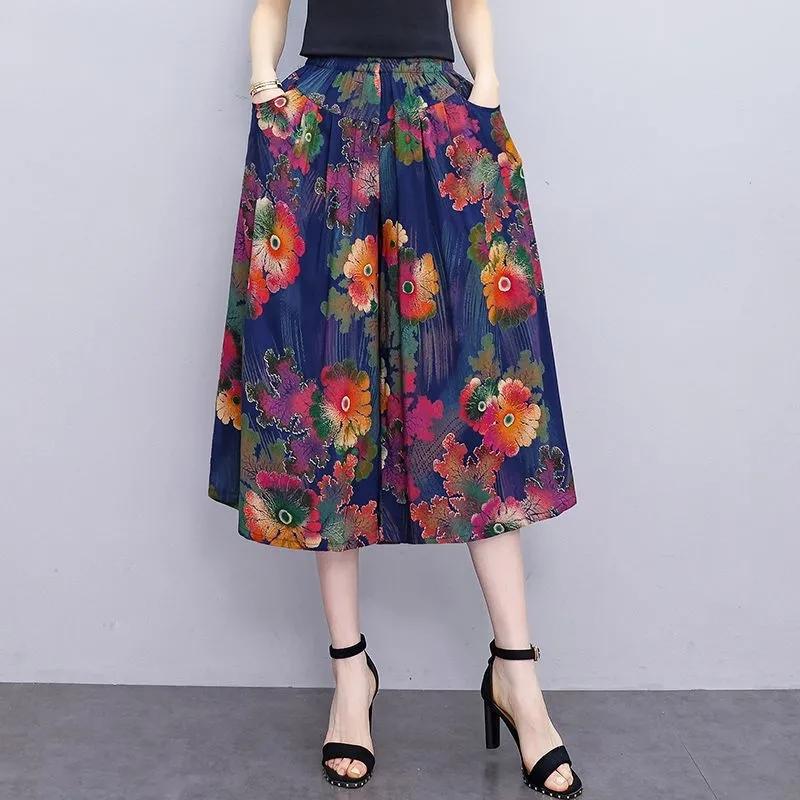 Summer Wide Leg Pants Women Ethnic Style Elastic High Waist Print Pants Female Casual Summer Calf-Length Pants Skirts