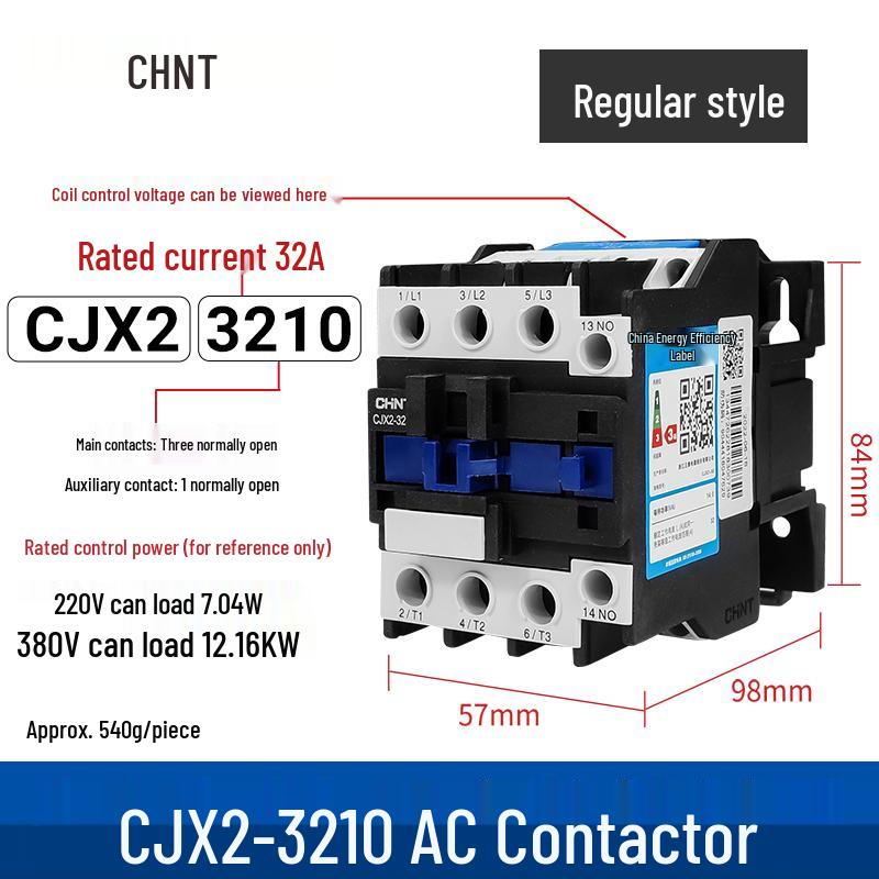 Zhengtai NXC AC Contactor 09-32A, Three-Phase 380V/Normally Open, Single-Phase 220V/Normally Closed, CJX2