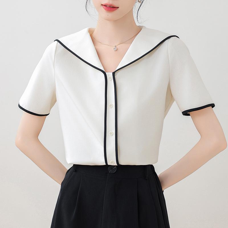 

2025 Женская летняя рубашка с коротким рукавом и матросским воротником XL грязно-белый