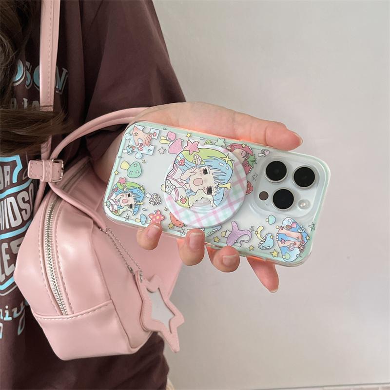 Japan Kawaii Cartoon Girl Magnetic Stand Holder Phone Case For iPhone 16 Pro 15 14 13 Pro Max Shockproof Cute Cases for Magsafe