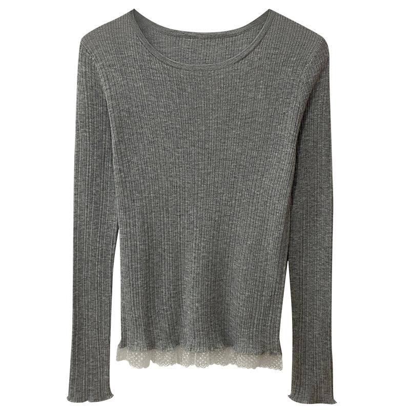 Autumn Winter Base Knitted Sweater For Women Lace Solid Fashion Casual Knitwear Women Clothing Slim Fit Round Neck Pullover Sweaters Ladies Tops 31035