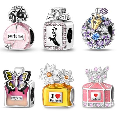 New S925 Silver Color Butterfly Crown Pink Perfume Bottle Charms Beads Fit  S925 Original Bracelets Fine DIY Jewelry Gifts