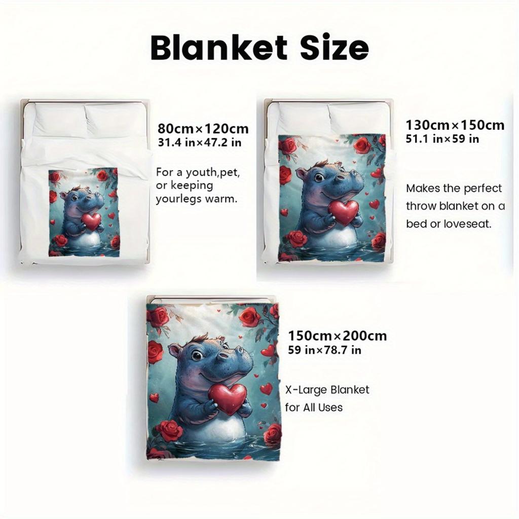 1pc Hippo with Red Heart Blanket - Lightweight Flannel Throw for Sofa, Outdoor, Camping, Living Room, Office, Chair, and Bed