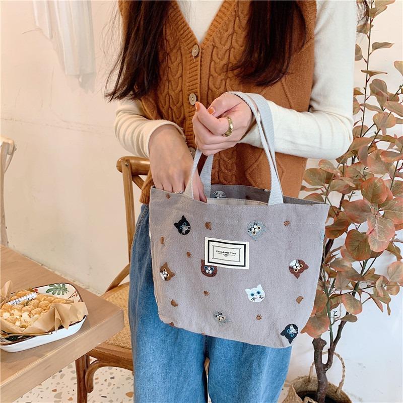 12 Embroidered Cat Handbag Literary Cute Bento Bag To Work Students Carry Small Cloth Bags
