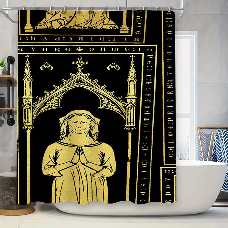

Vintage Gothic Bathroom Shower Curtain Medieval Religious Illustration With Figure In Prayer Pose (Black Gold) W60H190(CM)-1 Pcs