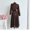 Solid Green Lace Splice One Piece Shirt Dress for Women Elegant Turn Down Collar Long Sleeve Belt Slim A-line Dress