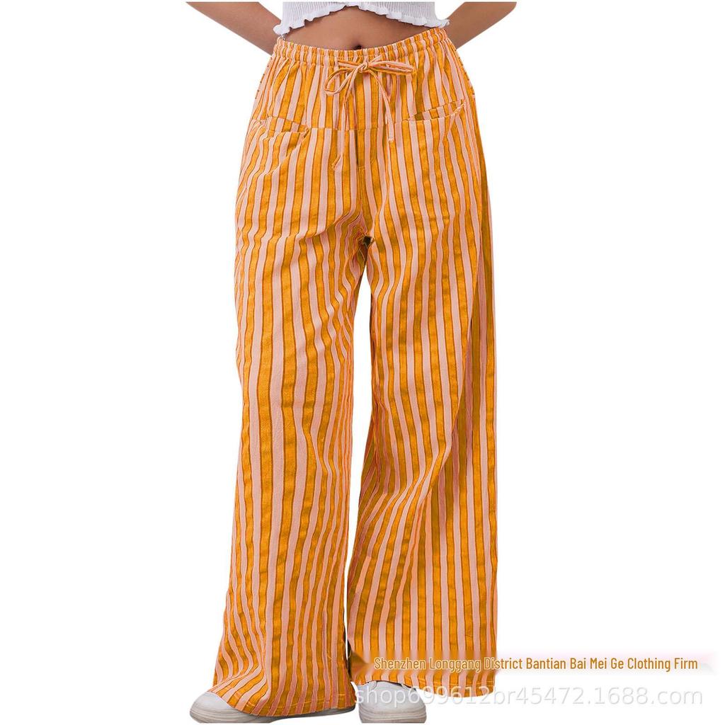 2024 Women's European & American Casual Striped Low Waist Wide Leg Drawstring Multi-Pocket Pants