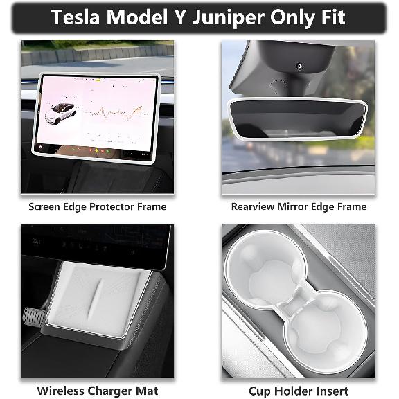 4PCS Center Console Wireless Charger Mat Silicone For 2025 Tesla New Model Y Juniper Cup Holder Ert, Screen Edge Protector Frame, Rear View Mirror