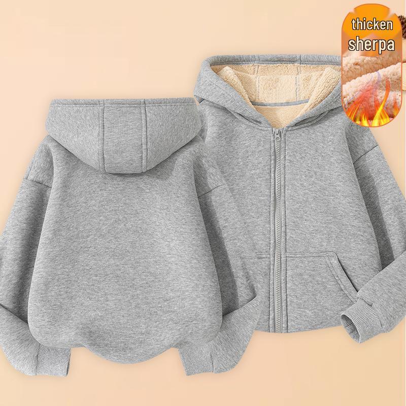 Kids' Lambswool Fleece Hoodie - Fashionable Solid Color Cardigan for Girls and Boys, Warm for Autumn/Winter