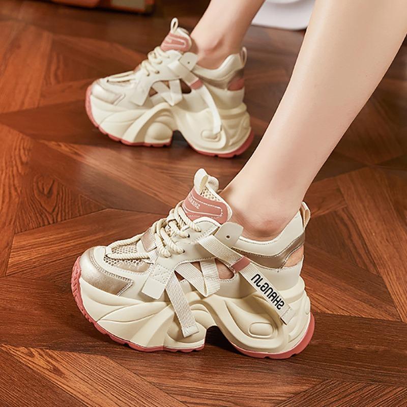 Fashion Top quality 9cm Microfiber Leather Mixed Color Hollow Women Chunky Sneaker Summer Vulcanize Platform Wedge Loafer Comfy Shoes
