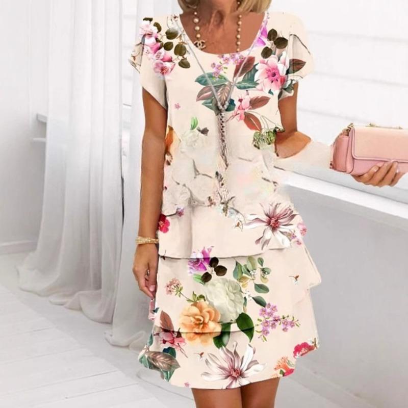 

Весеннее шикарное шифоновое платье с цветочным принтом для женщин, элегантное платье с круглым вырезом и многоярусной плиссировкой, летнее платье А-силуэта с короткими рукавами для вечеринки S