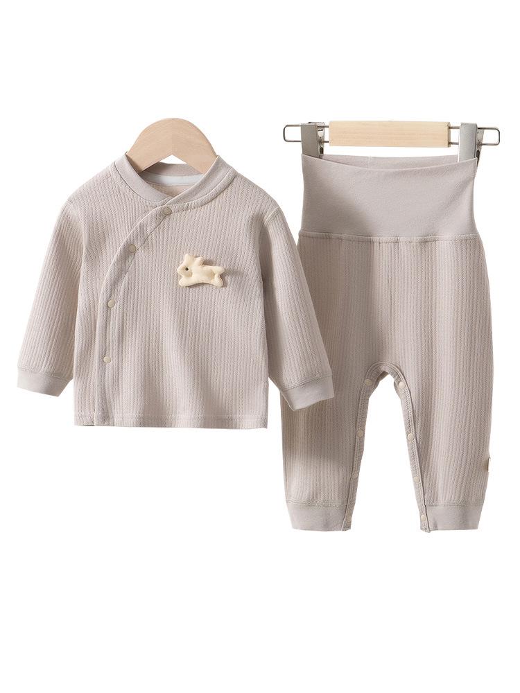 Newborn High-Waist Belly Protection Cotton Two-Piece Set for Boys and Girls - Autumn Home Wear Top and Bottoms