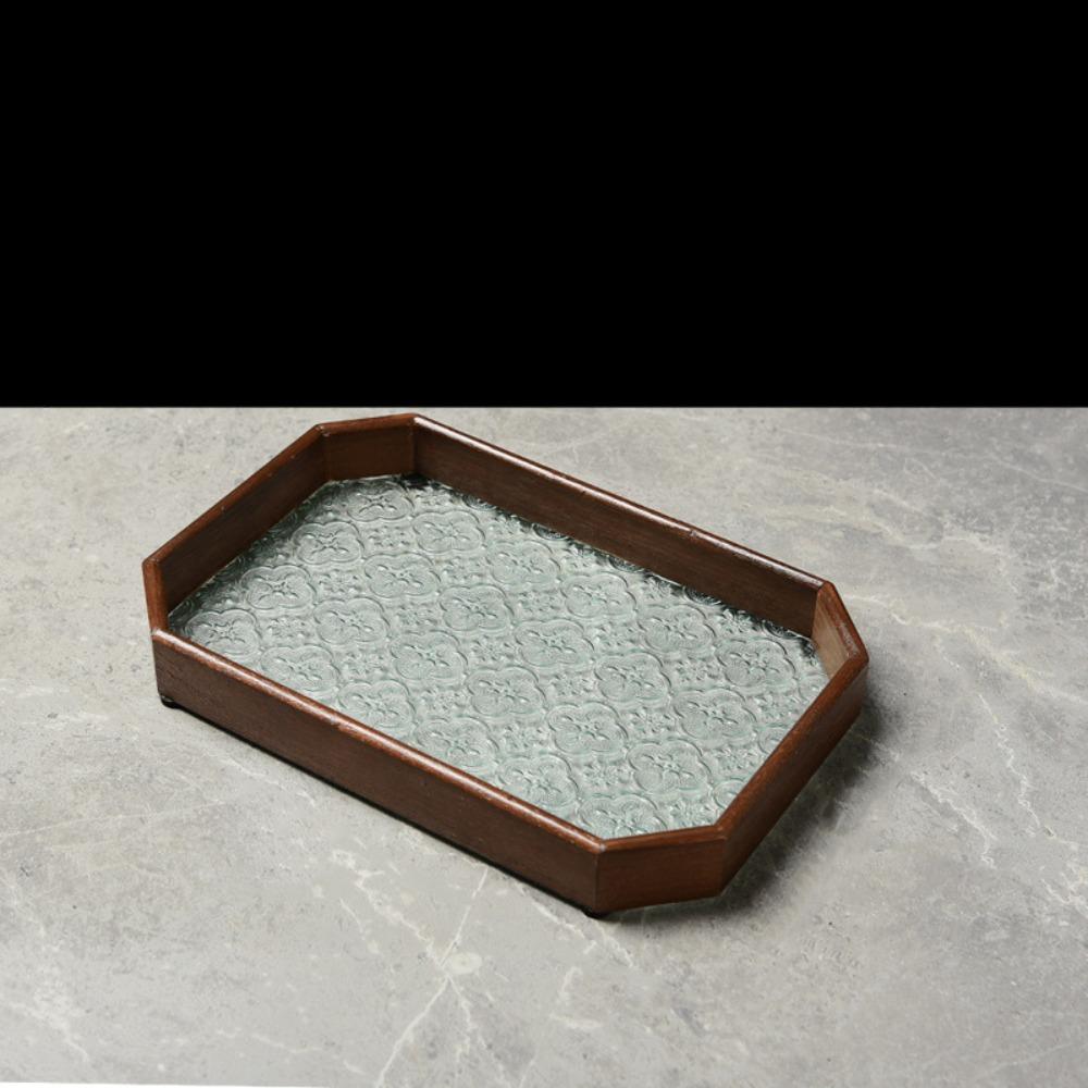 Simple Begonia Embossed Glass Tray Wooden Storage Display Plates Multi-Function Tea Tray  Desk