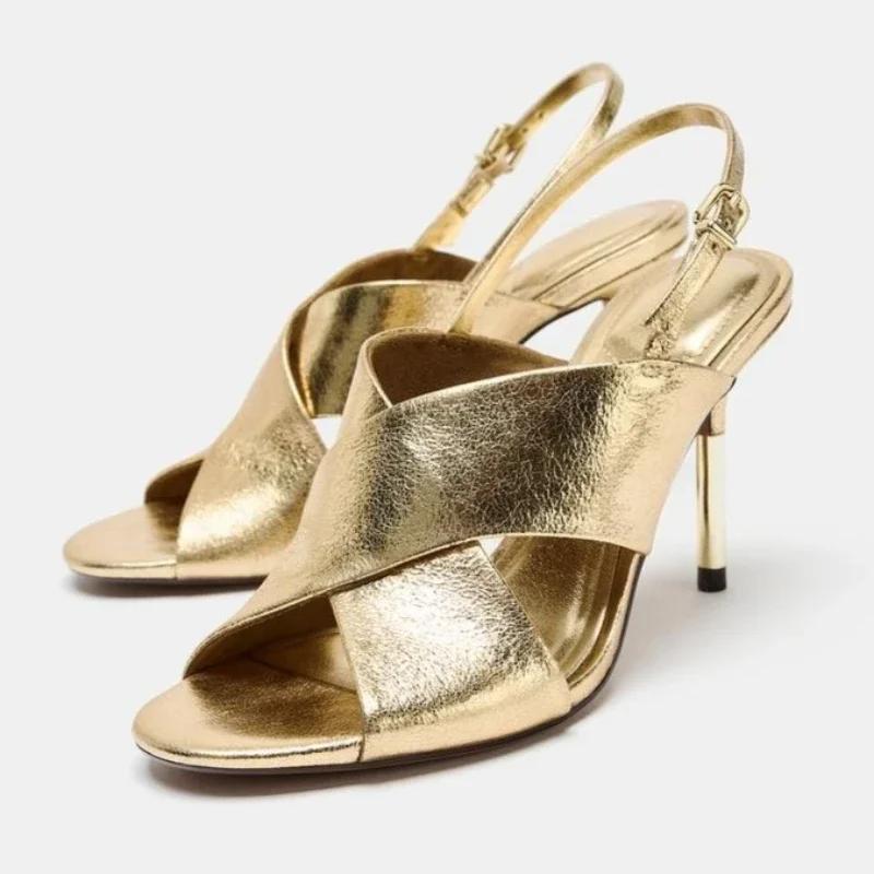 

Comfortable Faux Suede Cross Tied Heel Sandals Women Sexy Open Toe Back Strap Buckle Heels Fashion Party Stiletto Dress Shoes 42 золотий