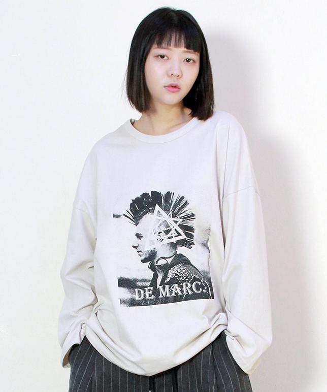 Deumakeu Vintage Punk Loose Fit Long Sleeve T-Shirt Beige