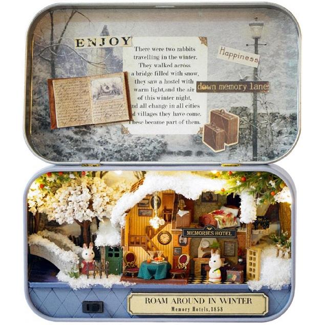 Joyzan DIY Miniature Dollhouse, 3D Furniture Wooden Doll House Box Kit with LED Light Dust Proof Cover Mini Handmade Iron Theater Room Model
