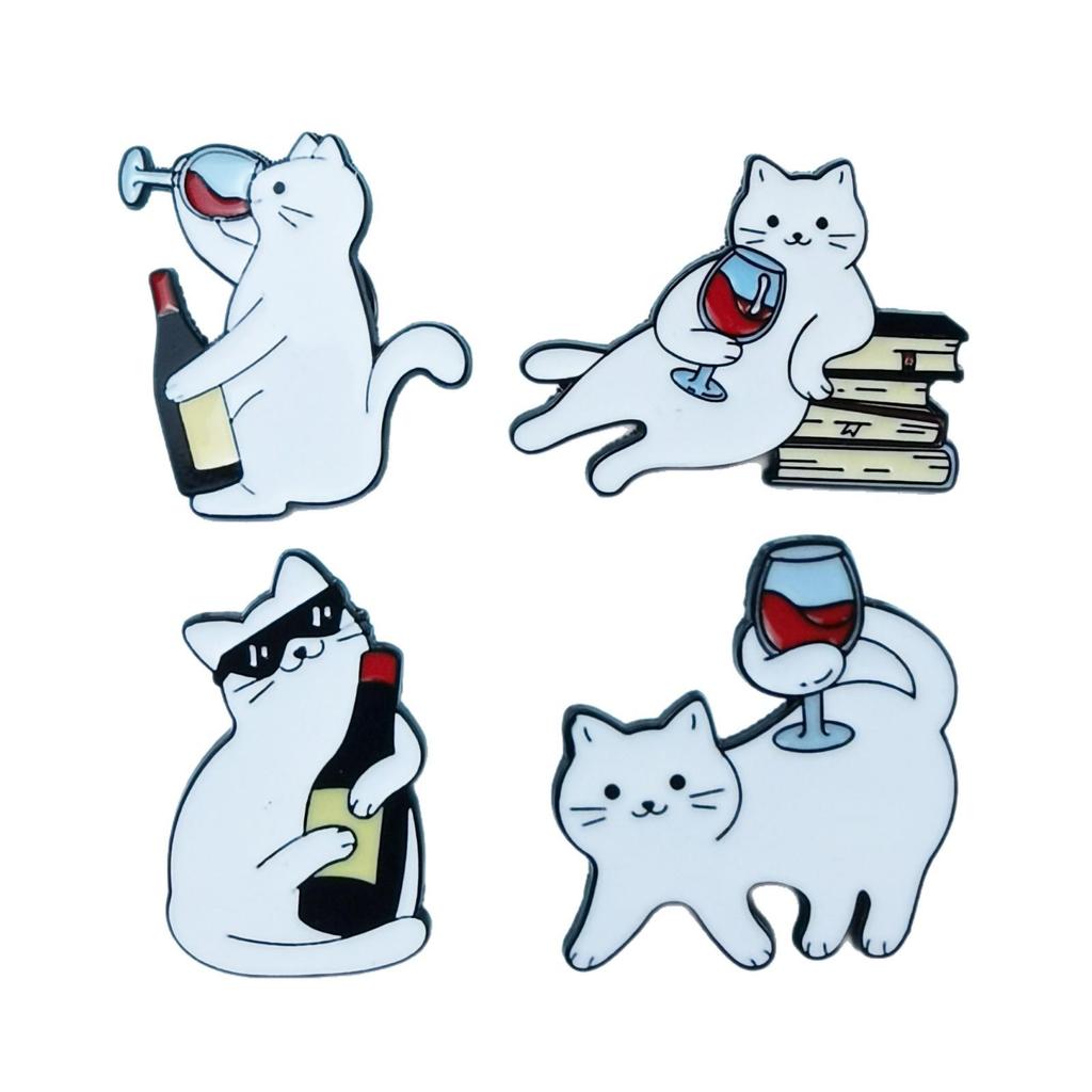 Adorable White Cat Drinking Alcohol Brooch - Cartoon Badge for Backpacks and Accessories