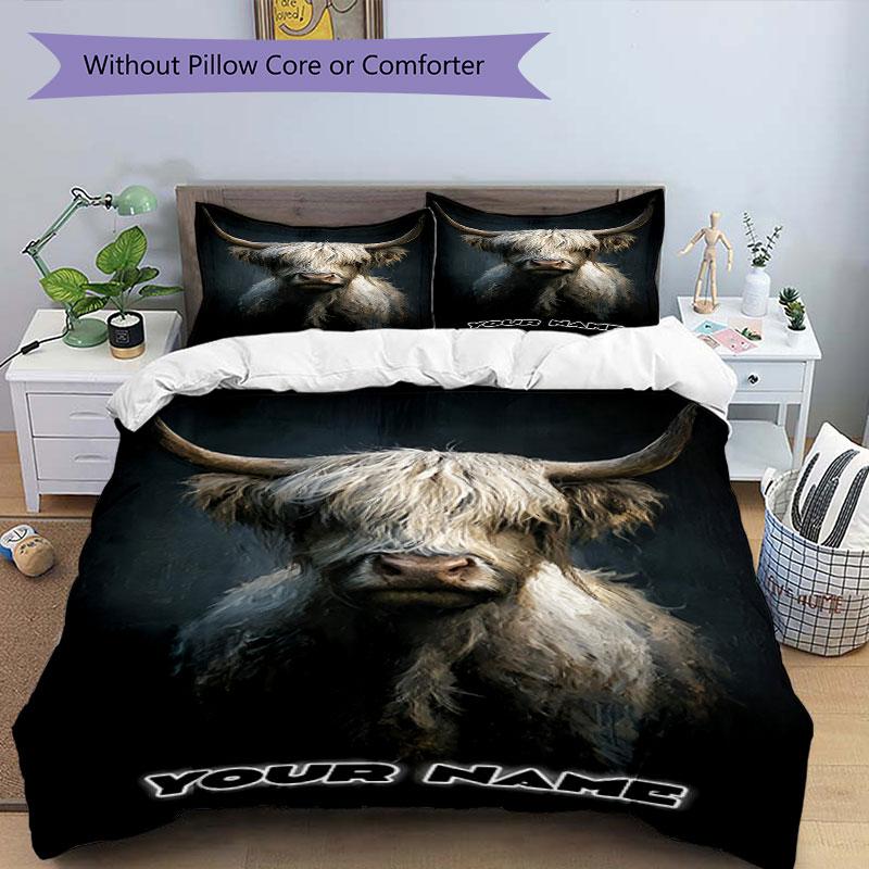 3PC Custom Name Highland Cow Portrait Bedding Set Printed Bedding Set Duvet Cover Closure Includes 1 Duvet Cover & 2 Pillowcases for All Seasons Bedro